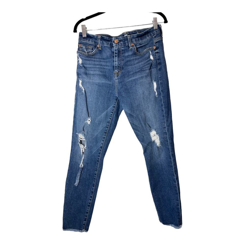 7 for All Mankind The High Waist Ankle Skinny Jeans 30 Fray Raw Hem Ripped Knee